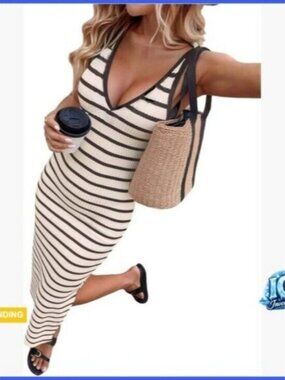 Polyester Blend Crochet Striped Midi Dress V-Neck Sleeveless Sundress